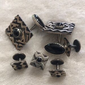 Sterling Silver and Black Onyx Southwestern Western Cufflinks and Buttons Set
